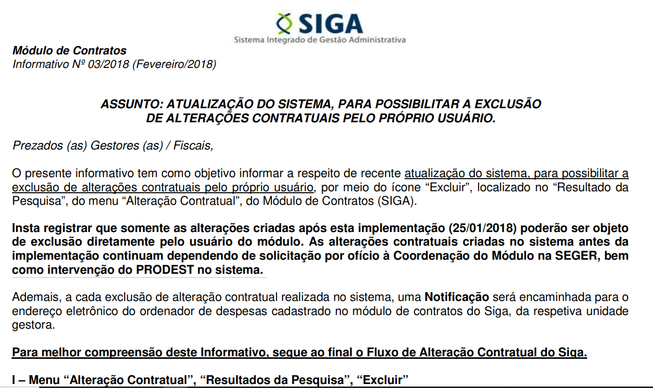 INFORMATIVO SIGA 2018-003 - CONTRATOS - POSSIBILIDADE DE EXCLUSÃO DE ALTERAÇÕES CONTRATUAIS